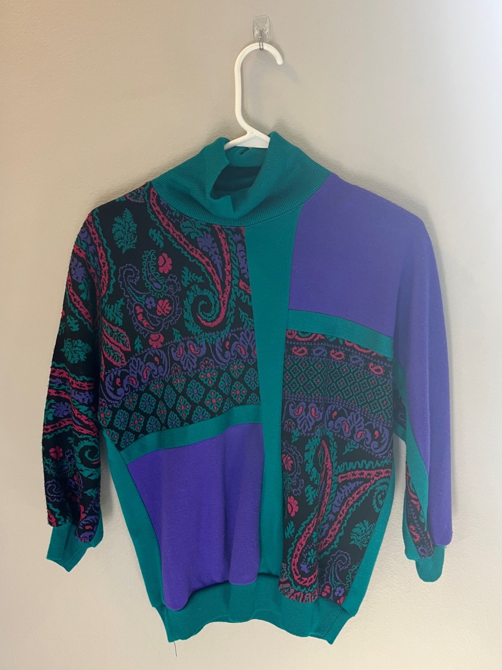 Vintage 1980s Teal & Purple Turtleneck Paisley Sweater with Shoulder Pads